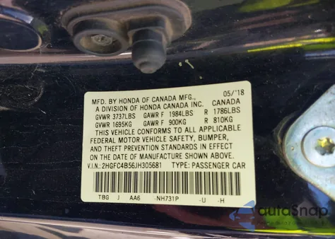 2018 Honda Civic Lx from USA, damaged, VIN 2HGFC4B56JH305681